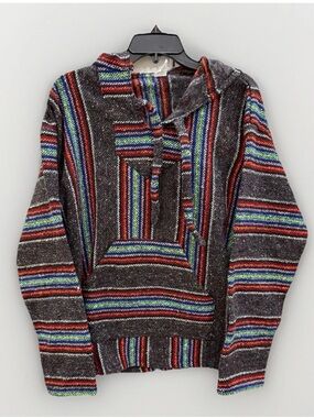 EARTHBOUND Brown Striped V-Neck Baja Sweater with Multicolor Accents